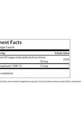 Swanson Vitamins D3 & K2 supplement facts panel showing dosage and ingredients for vegan capsules.